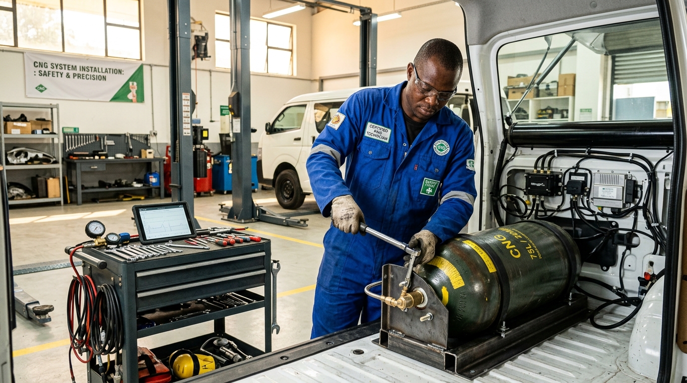 An expert automotive technician securely mounting a certified CNG cylinder and gas regulator kit