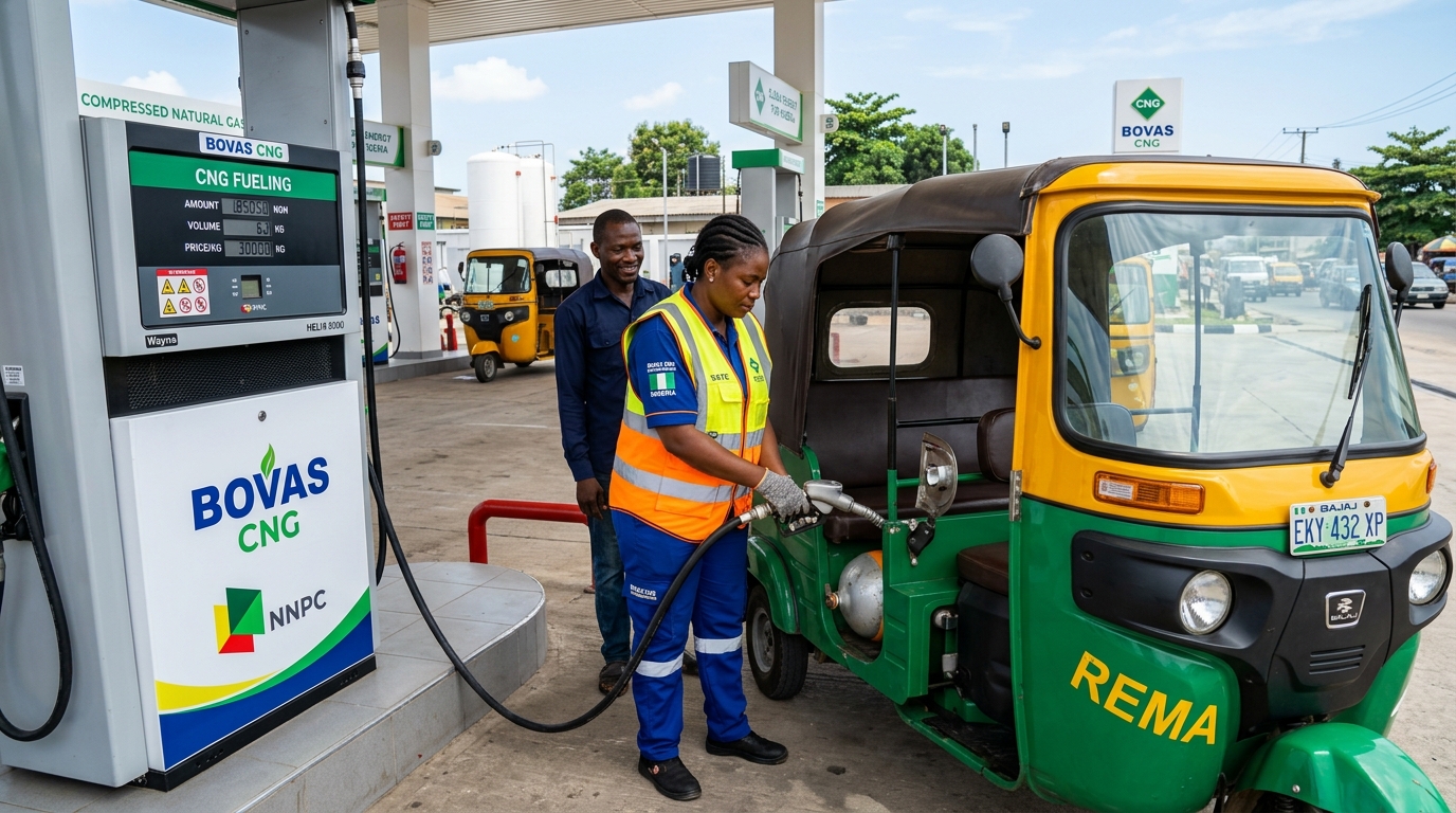 A commercial Nigerian keke being refueled at a modern CNG dispensing station in Lagos