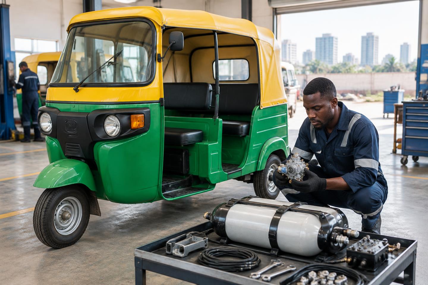 A certified technician inspecting a CNG conversion system beside a commercial keke